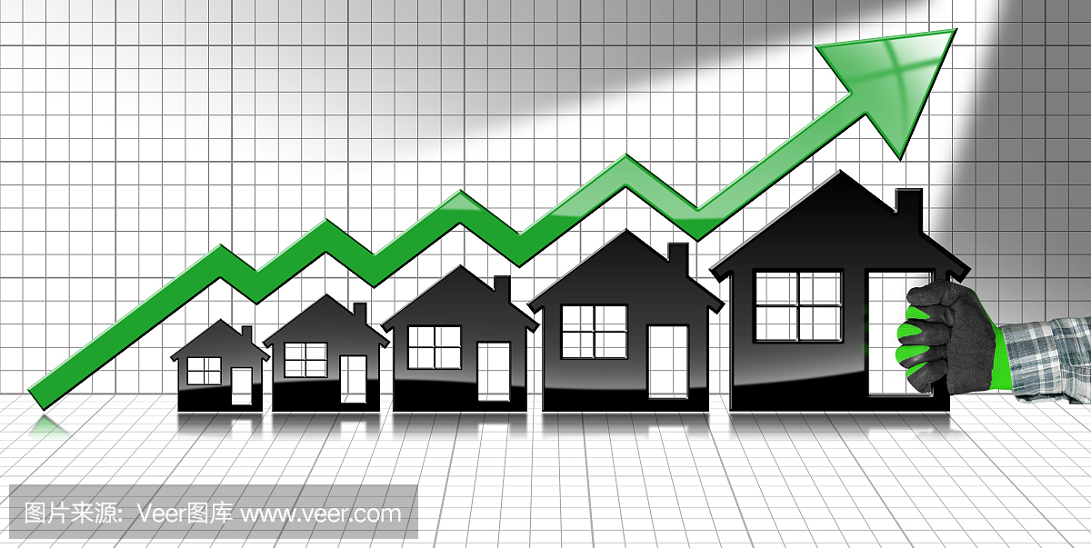 增长的房地产销售-曲线图与房屋